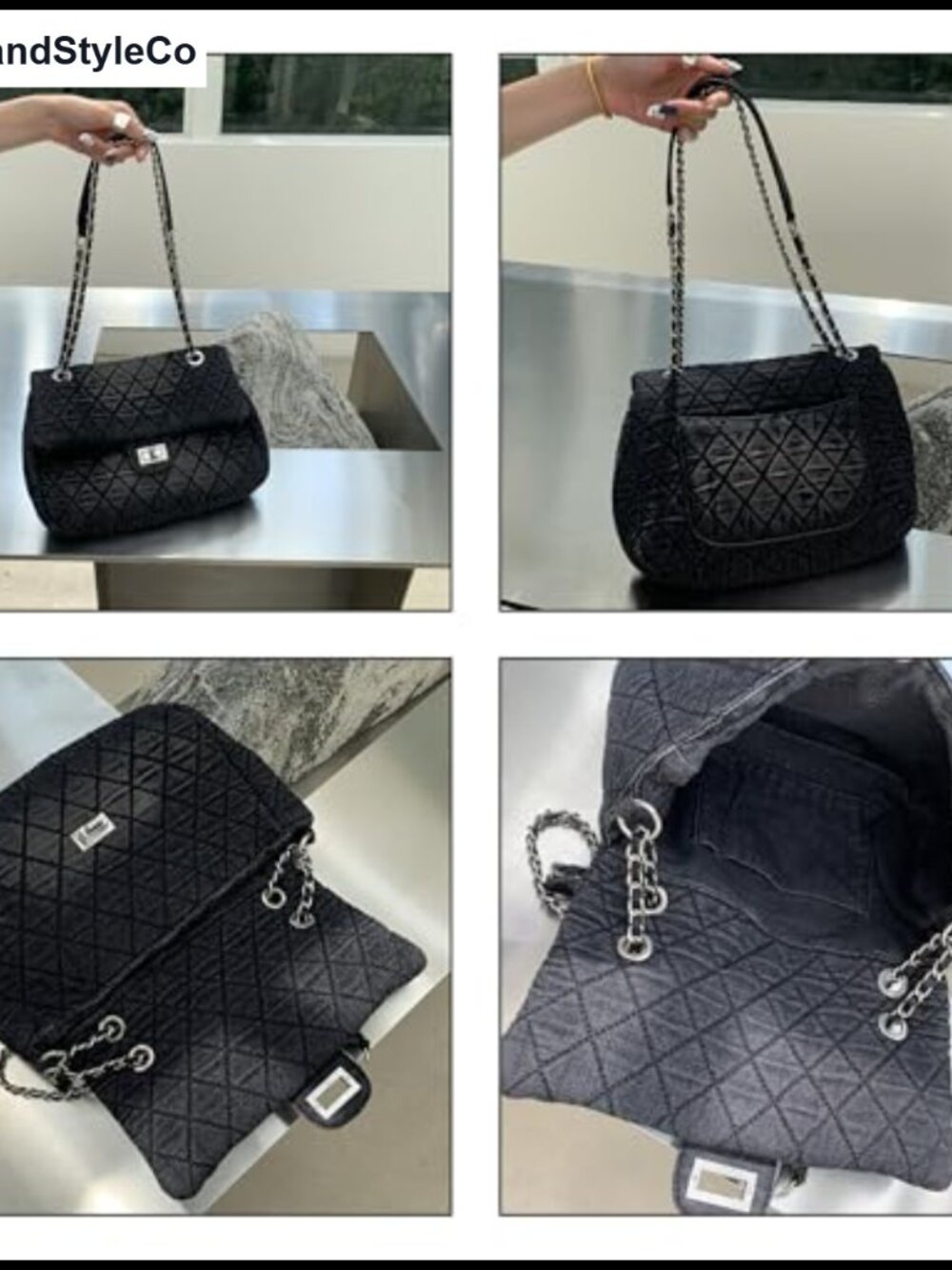 Quilted Denim Shoulder Bag Women Y2K Preppy Crossbody Tote Chain Strap Handbag - Picture 3 of 6